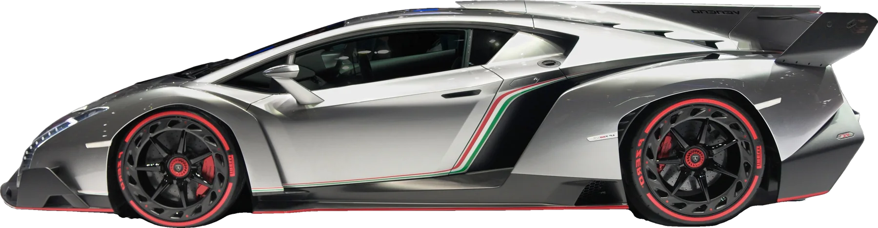 Grey Lamborghini Veneno with tricolore stripe, side profile